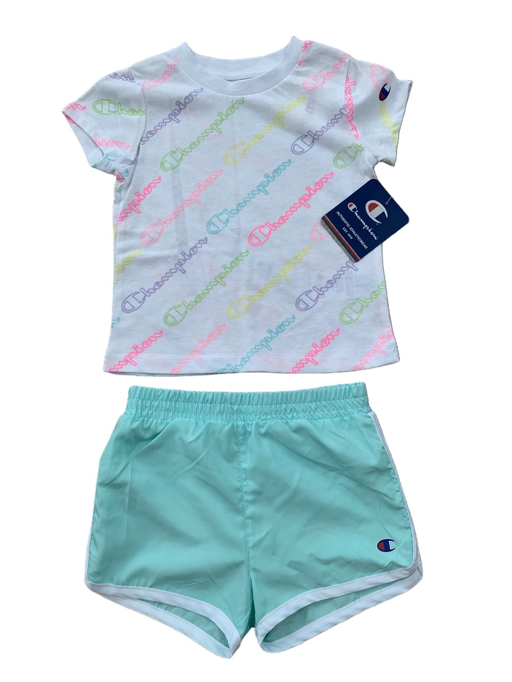 Champion NWT Size 24 Months Neon Graphic Tee and Shorts Athletic Matching Set